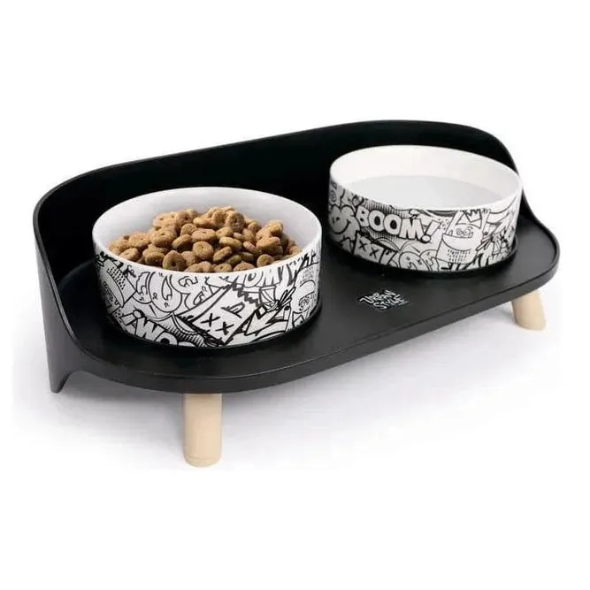Altitude Urban Style Double Raised Pet Bowl Black&White
