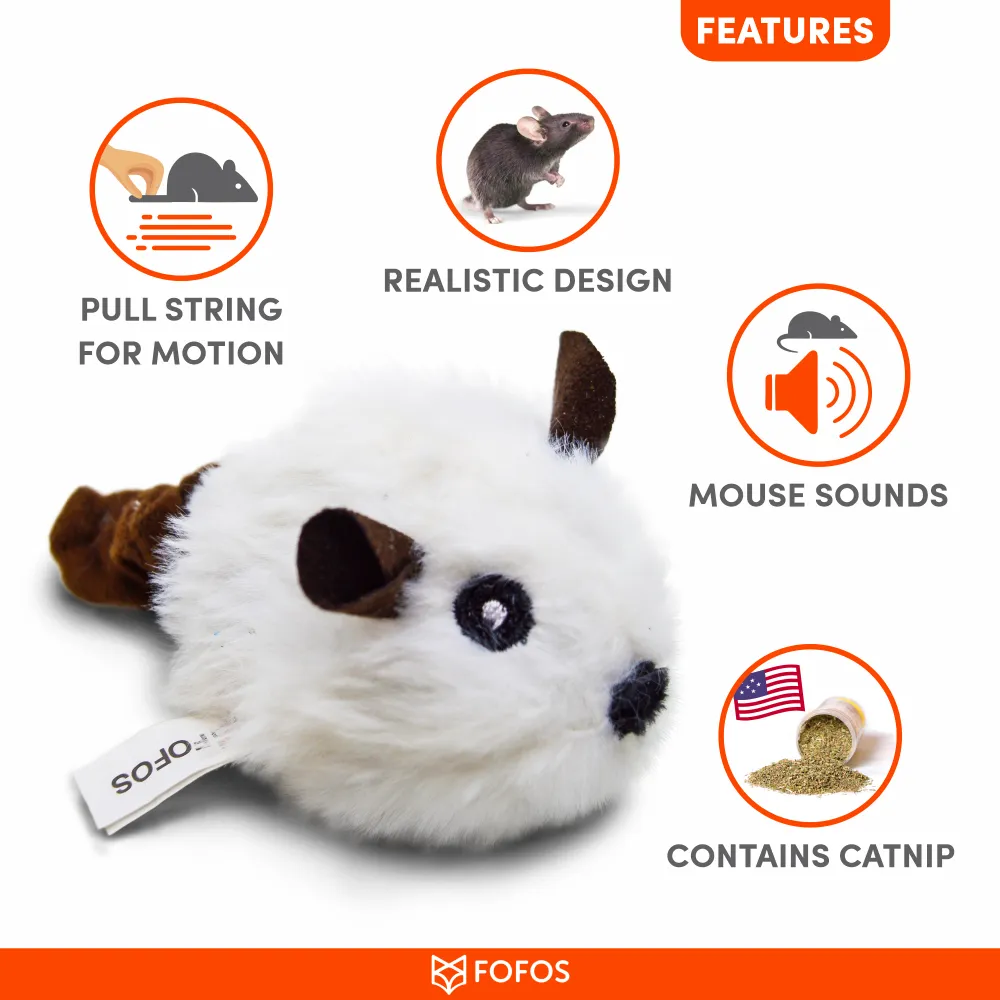 Barkbutler x Fofos Pull String & Sound Chip Mouse Shaped Electronic Toy for Cats (White)