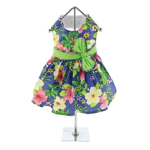 Blue Lagoon Hawaiian Hibiscus Dog Harness Dress with Matching Leash