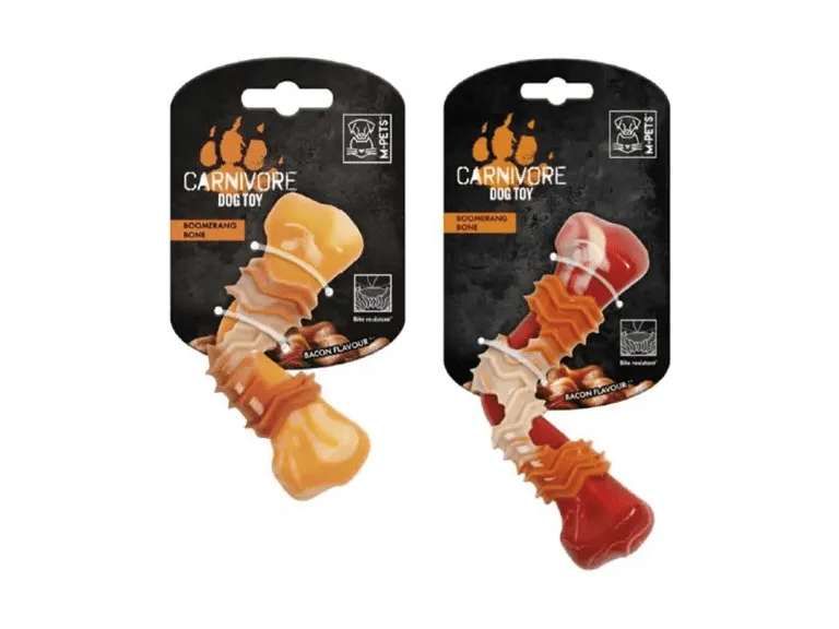 CARNIVORE Dog Toy Boomerang Bone - Bacon scent 17.8 x 9.3 x 4.1 cm Red