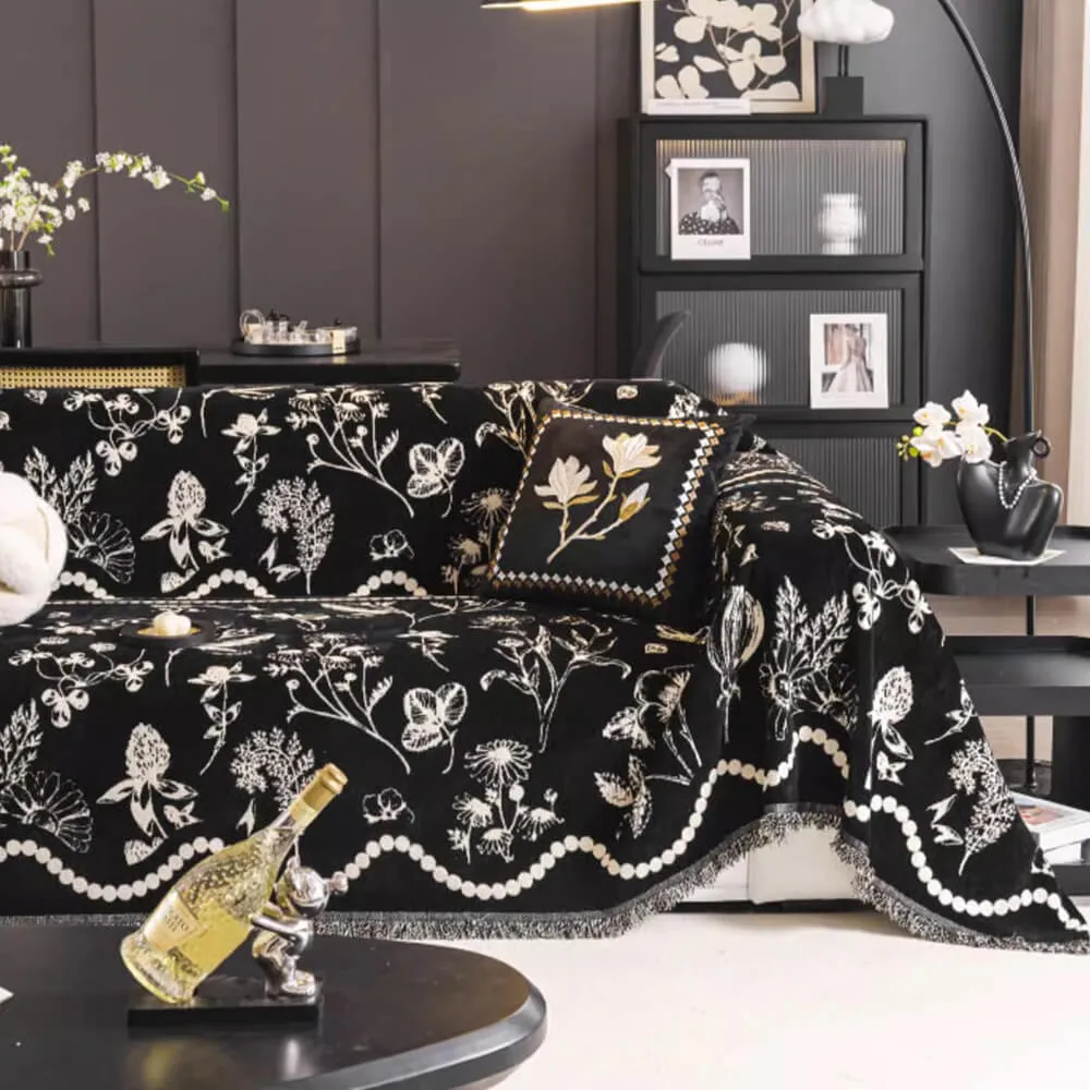 Chenille Floral Art with Tassel Edge Non-Slip Throw Couch Cover