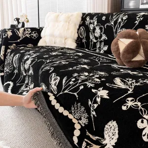Chenille Floral Art with Tassel Edge Non-Slip Throw Couch Cover