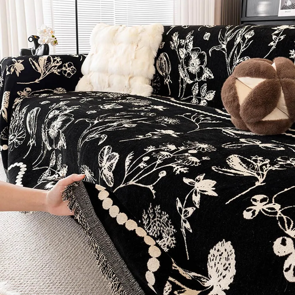 Chenille Floral Art with Tassel Edge Non-Slip Throw Couch Cover