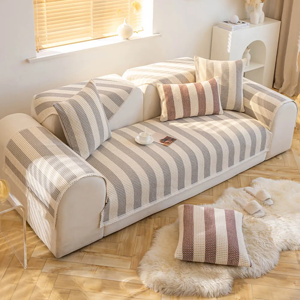 Cotton Linen Stripe Anti-scratch Furniture Protector Couch Cover