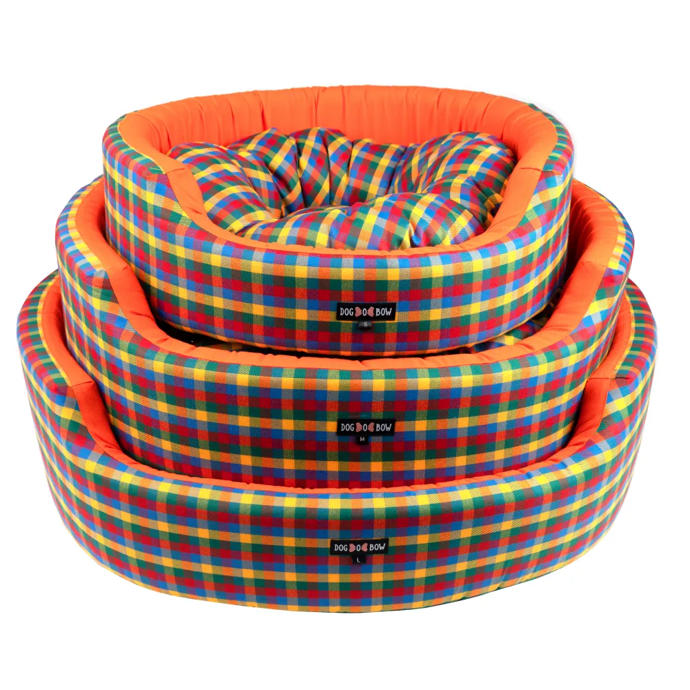 Dogobow Rubic Square Printed Round Bed for Dogs and Cats (Orange Multi Colour)