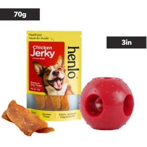 Drools Non-Toxic Rubber Hole Ball Toy & Henlo Chicken Jerky Treats | High-Protein, Guilt-Free Dog Combo