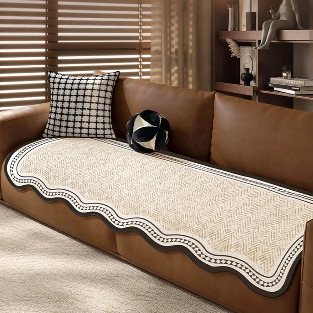 Durable Herringbone Pattern Anti-Slip Couch Cover with Wavy Trim C Pet Scratch Resistant