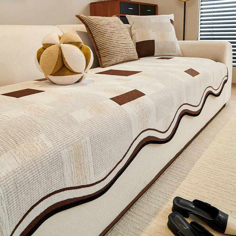 Durable Herringbone Pattern Anti-Slip Couch Cover with Wavy Trim C Pet Scratch Resistant