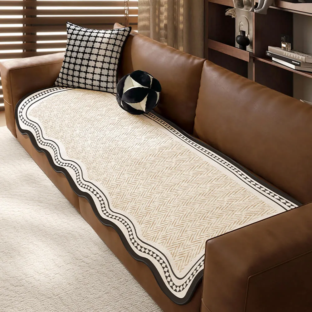 Durable Herringbone Pattern Anti-Slip Couch Cover with Wavy Trim C Pet Scratch Resistant