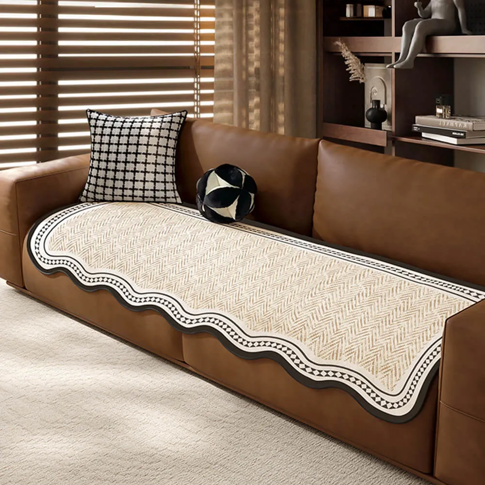 Durable Herringbone Pattern Anti-Slip Couch Cover with Wavy Trim C Pet Scratch Resistant