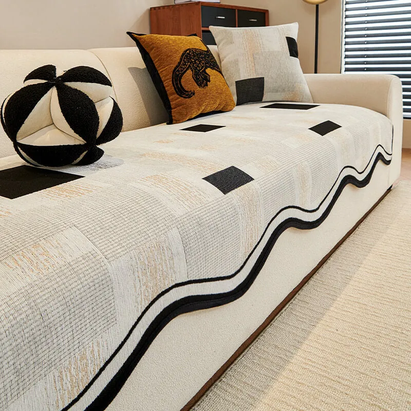 Durable Herringbone Pattern Anti-Slip Couch Cover with Wavy Trim C Pet Scratch Resistant