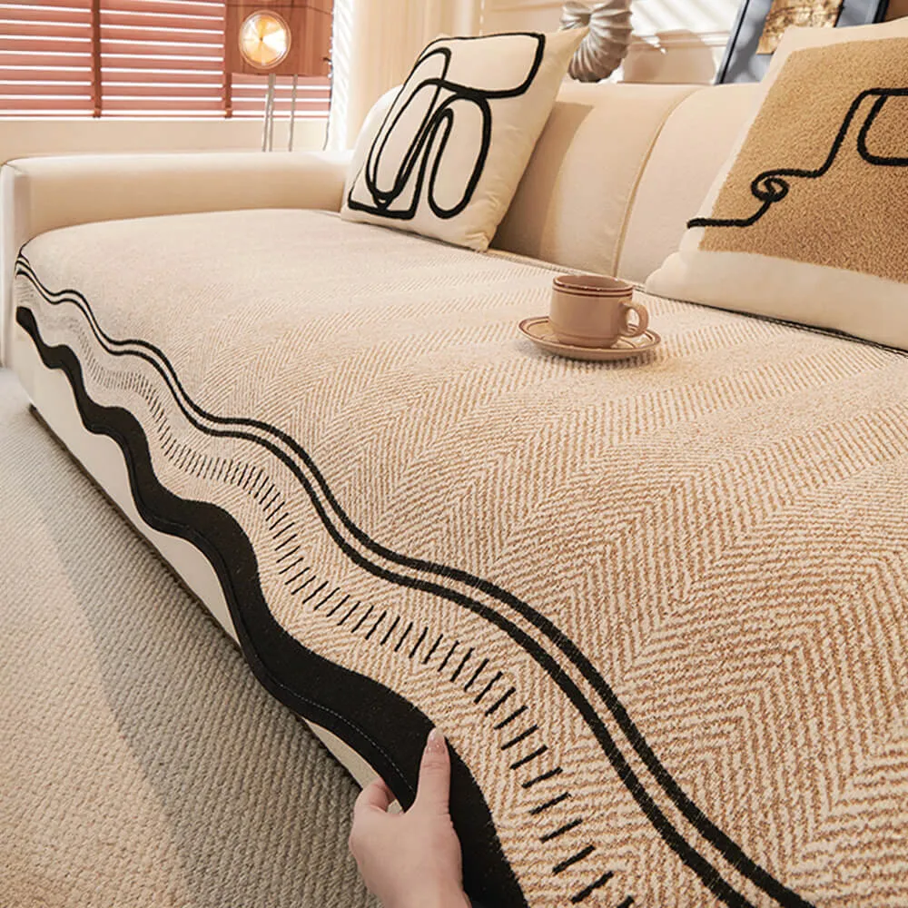 Durable Herringbone Pattern Anti-Slip Couch Cover with Wavy Trim C Pet Scratch Resistant