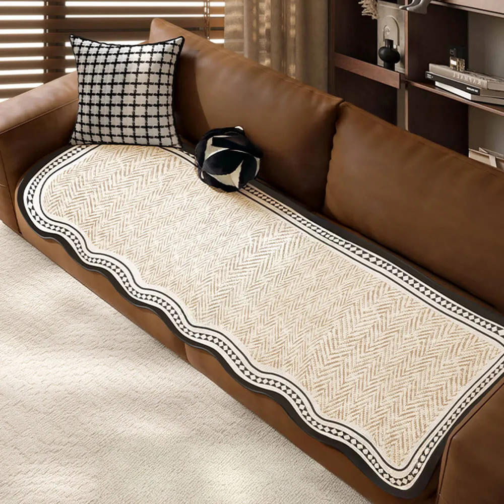 Durable Herringbone Pattern Anti-Slip Couch Cover with Wavy Trim C Pet Scratch Resistant