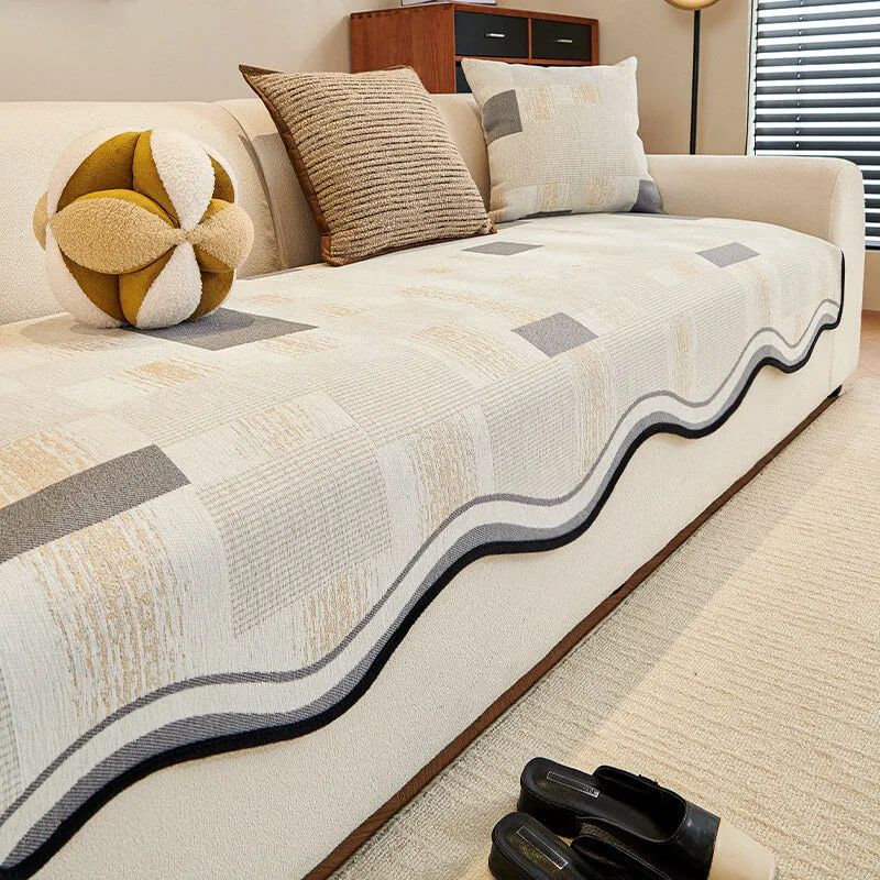 Durable Herringbone Pattern Anti-Slip Couch Cover with Wavy Trim C Pet Scratch Resistant