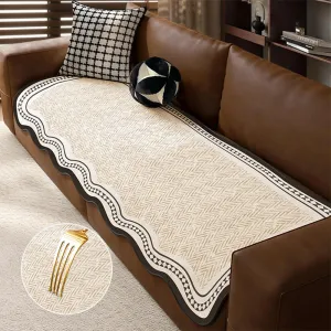 Durable Herringbone Pattern Anti-Slip Couch Cover with Wavy Trim C Pet Scratch Resistant