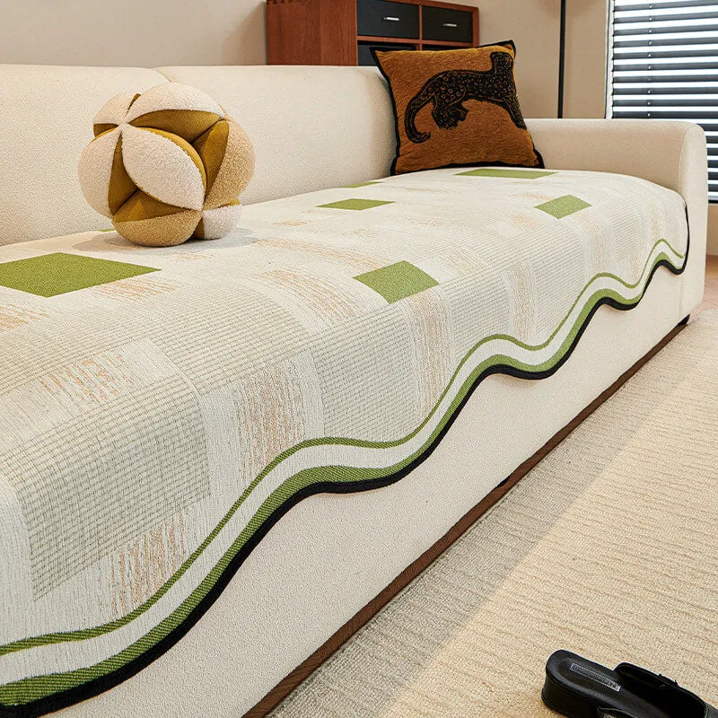 Durable Herringbone Pattern Anti-Slip Couch Cover with Wavy Trim C Pet Scratch Resistant