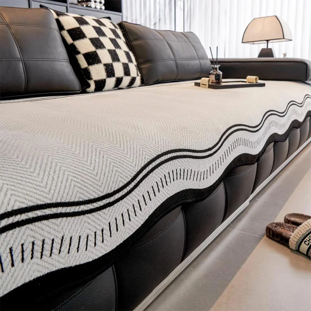 Durable Herringbone Pattern Anti-Slip Couch Cover with Wavy Trim C Pet Scratch Resistant