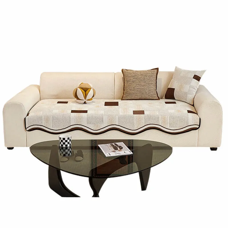Durable Herringbone Pattern Anti-Slip Couch Cover with Wavy Trim C Pet Scratch Resistant
