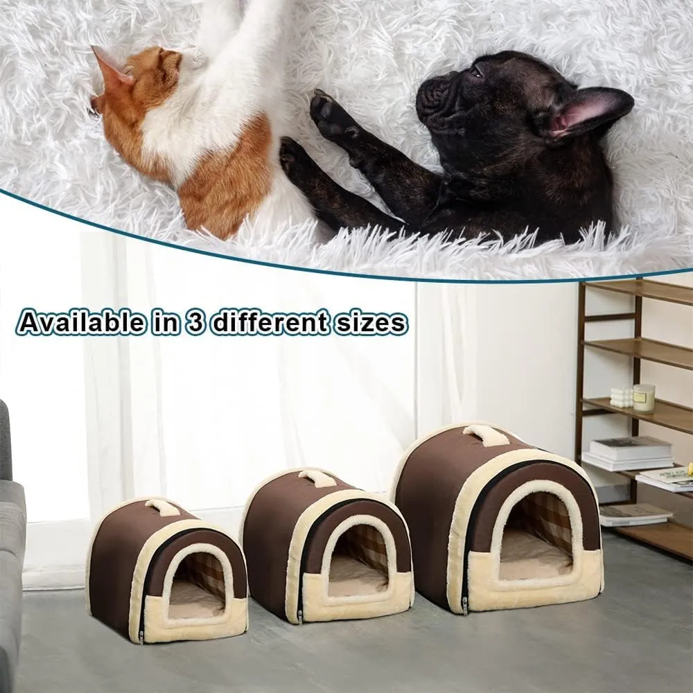 Fluffy's Pawsome Igloo 2 in 1 Foldable Ultra Soft Pet House Bed for Dogs and Cats (Brown)