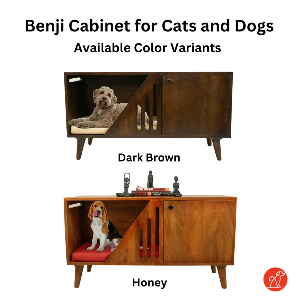 FurryLiving Benji Cabinet with Cushion for Small Dogs and Cats (Dark Brown/Red Cushion)