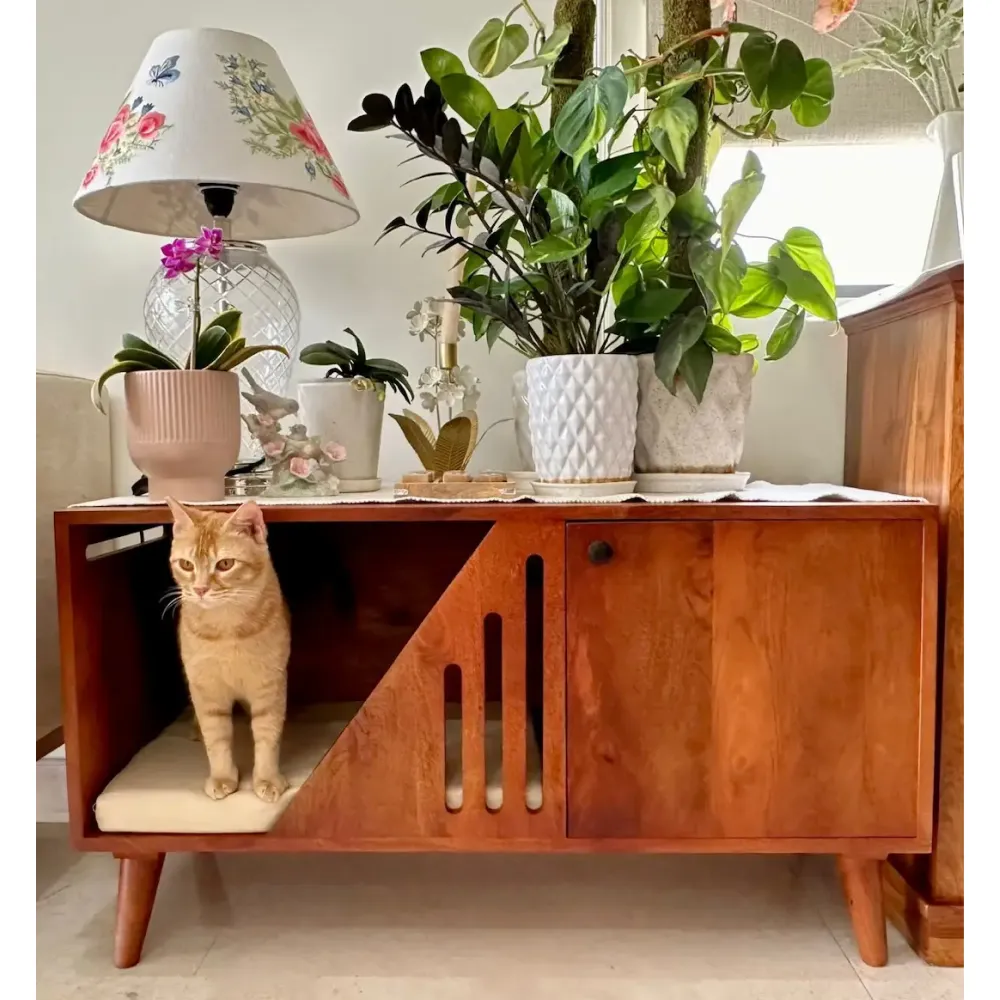 FurryLiving Benji Cabinet with Cushion for Small Dogs and Cats (Honey/Cream Cushion)