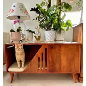 FurryLiving Benji Cabinet with Cushion for Small Dogs and Cats (Honey/Cream Cushion)
