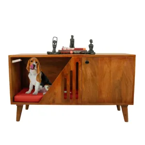 FurryLiving Benji Cabinet with Cushion for Small Dogs and Cats (Honey/Red Cushion)