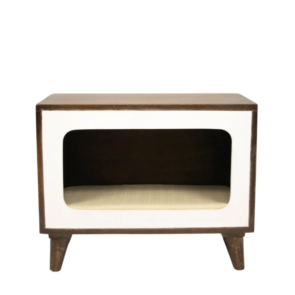 FurryLiving Telly Side Table with Cushion for Small Dogs and Cats (Dark Brown/Cream Cushion)