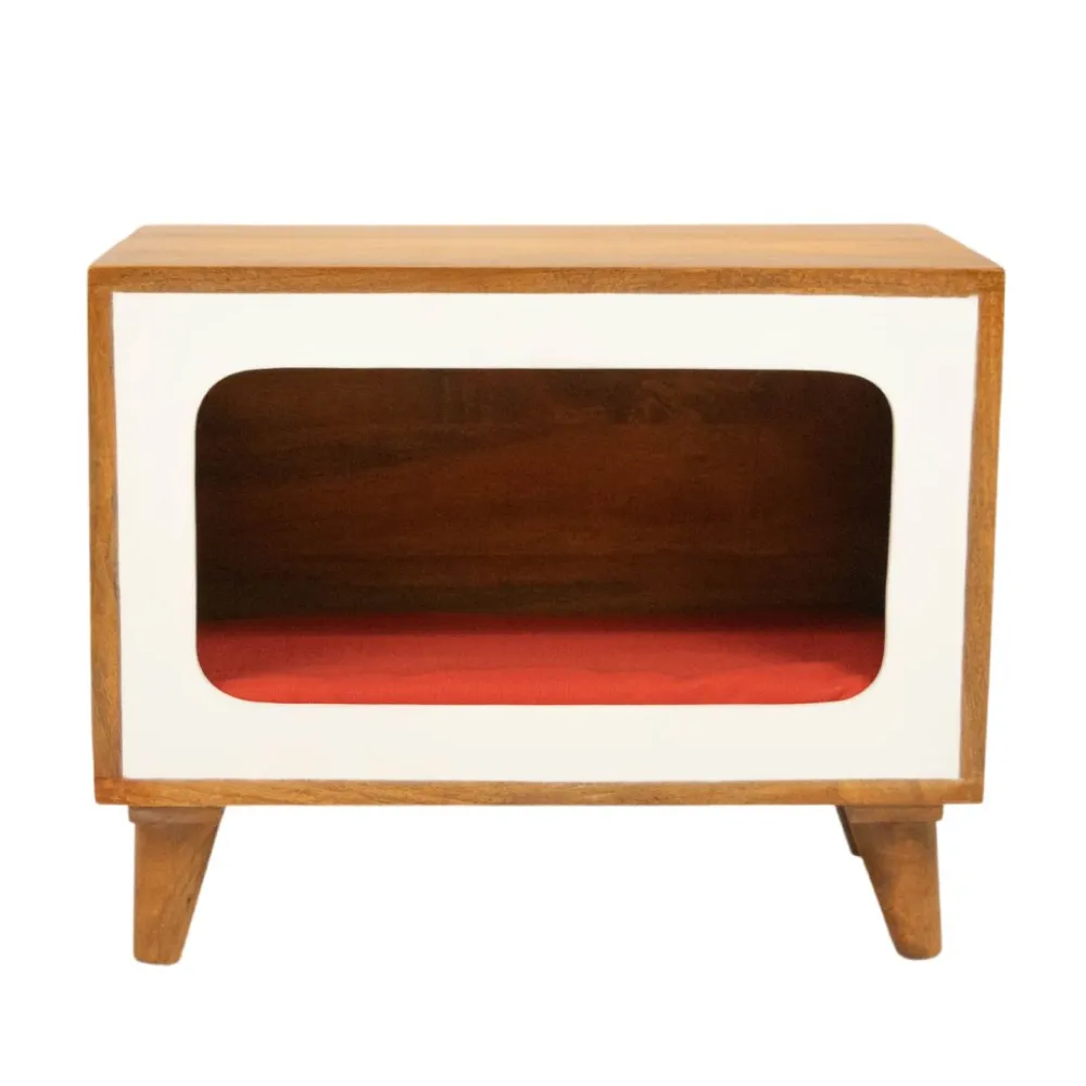 FurryLiving Telly Side Table with Cushion for Small Dogs and Cats (Honey/Red Cushion)
