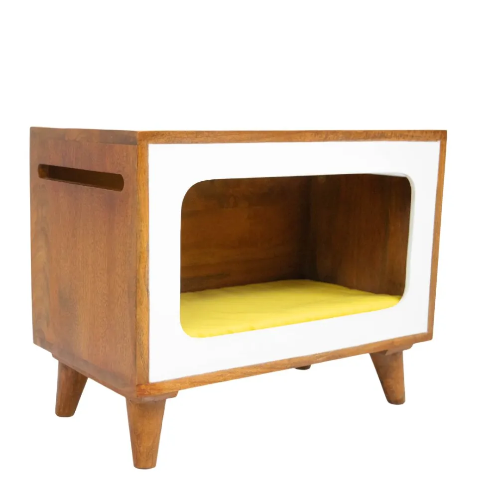 FurryLiving Telly Side Table with Cushion for Small Dogs and Cats (Honey/Yellow Cushion)