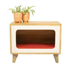 FurryLiving Telly Side Table with Cushion for Small Dogs and Cats (Oak/Red Cushion)