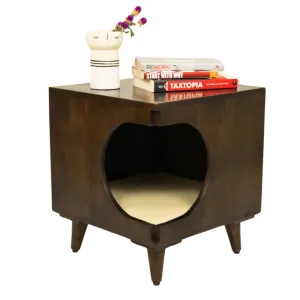 FurryLiving Wally Side Table with Cushion for Small Dogs and Cats (Dark Brown/Cream Cushion)