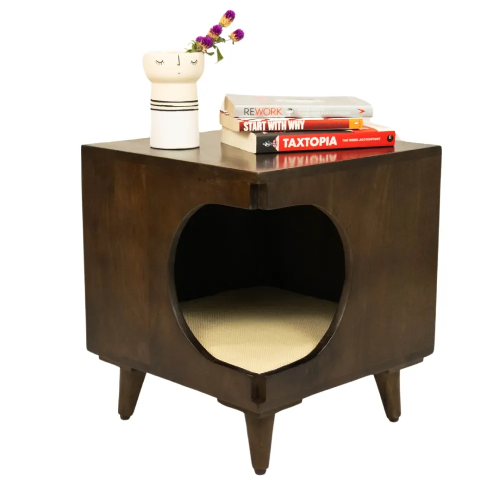 FurryLiving Wally Side Table with Cushion for Small Dogs and Cats (Dark Brown/Cream Cushion)