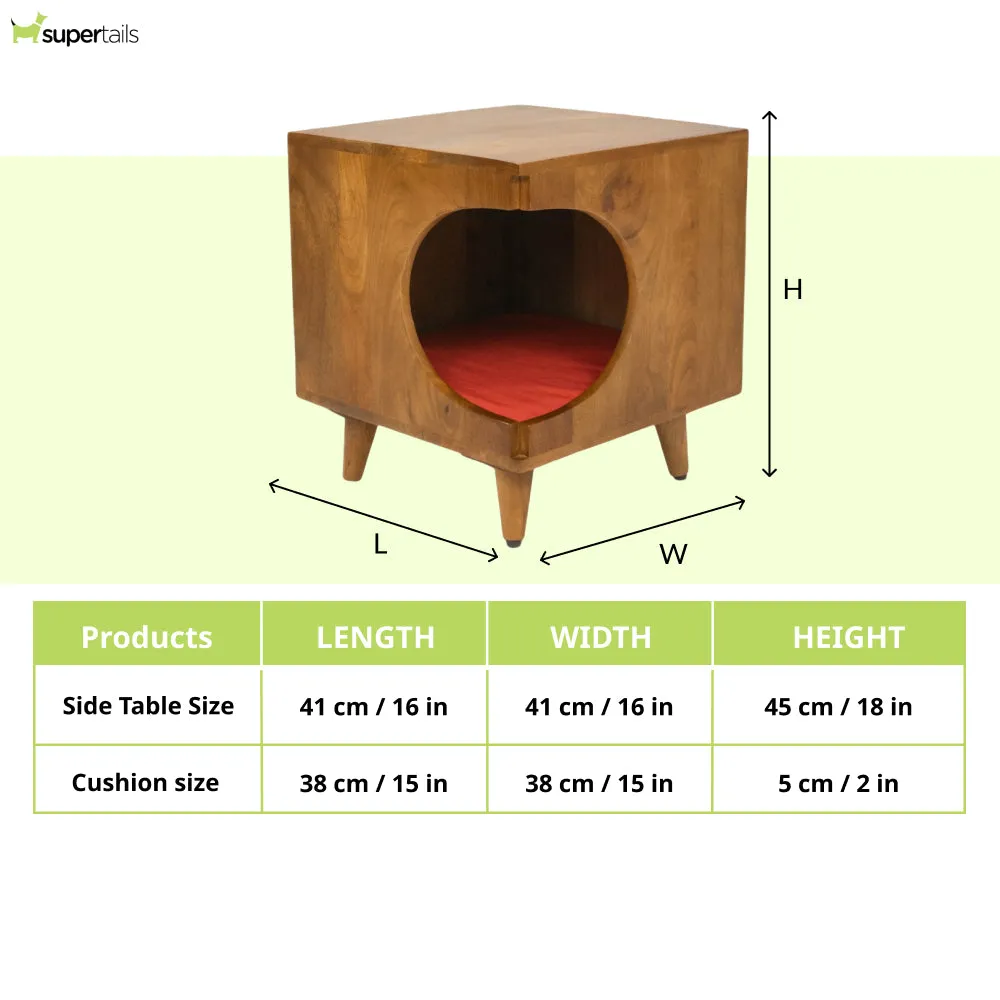 FurryLiving Wally Side Table with Cushion for Small Dogs and Cats (Honey/Red Cushion)