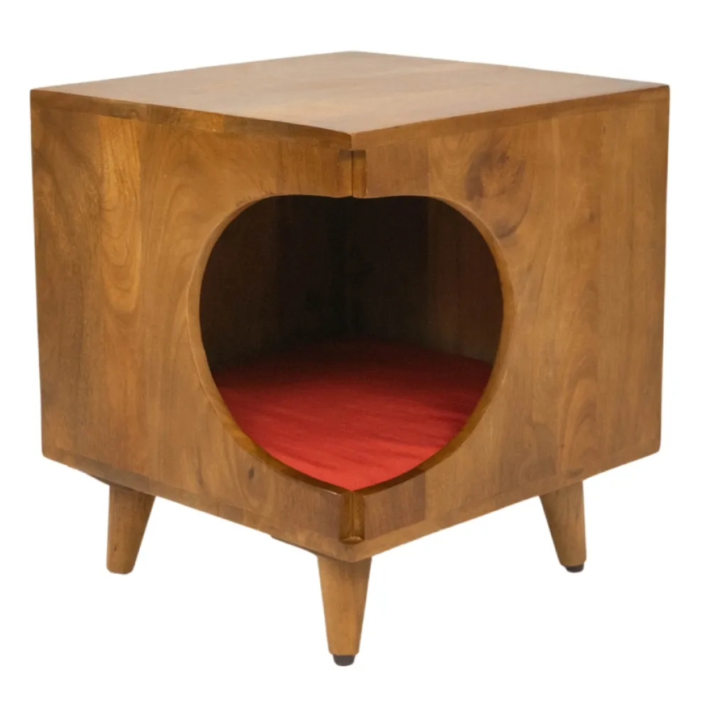 FurryLiving Wally Side Table with Cushion for Small Dogs and Cats (Honey/Red Cushion)