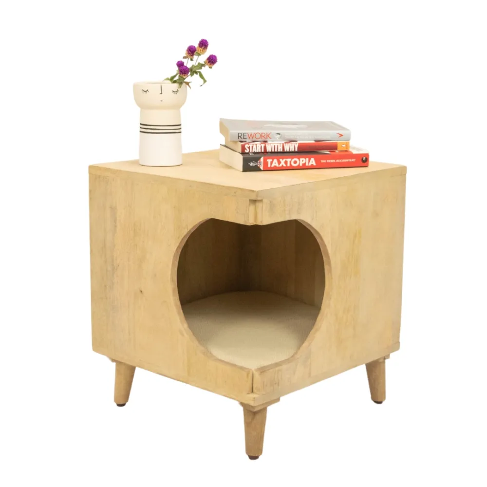 FurryLiving Wally Side Table with Cushion for Small Dogs and Cats (Oak/Cream Cushion)
