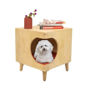 FurryLiving Wally Side Table with Cushion for Small Dogs and Cats (Oak/Cream Cushion)