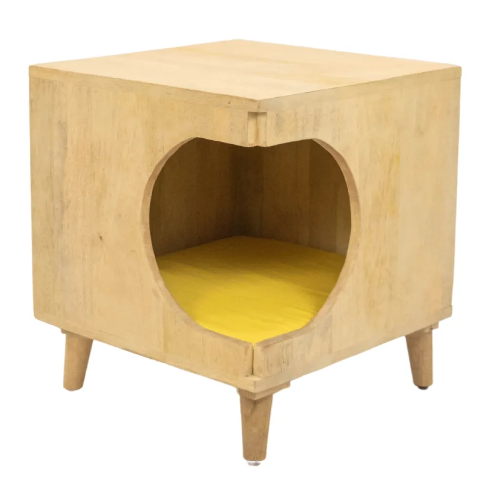 FurryLiving Wally Side Table with Cushion for Small Dogs and Cats (Oak/Yellow Cushion)