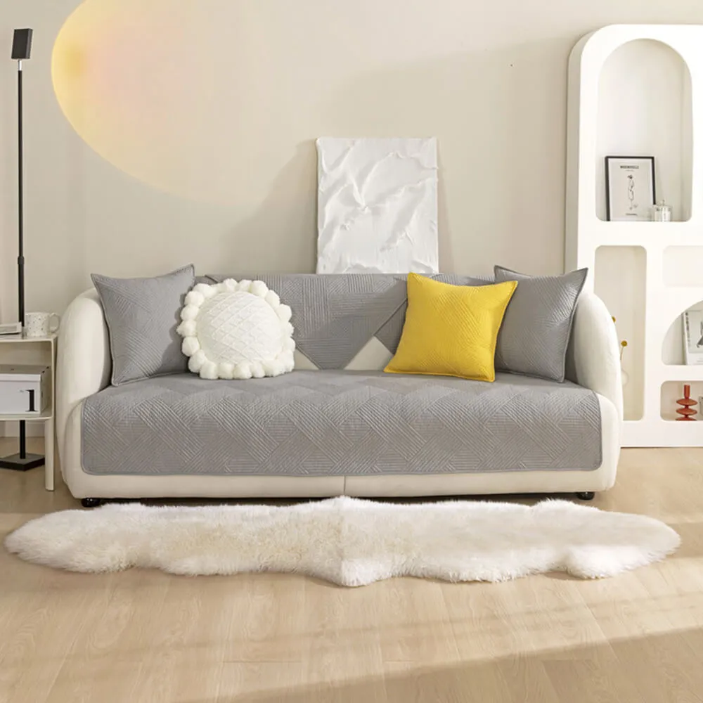 Minimalist All-Season Solid Cotton Geometric Quilted Anti-Slip Couch Cover