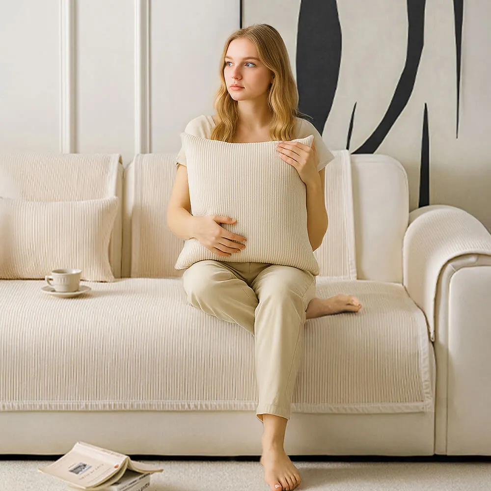 Modern Cream Vertical Stripes Fleece Couch Cover for All Seasons