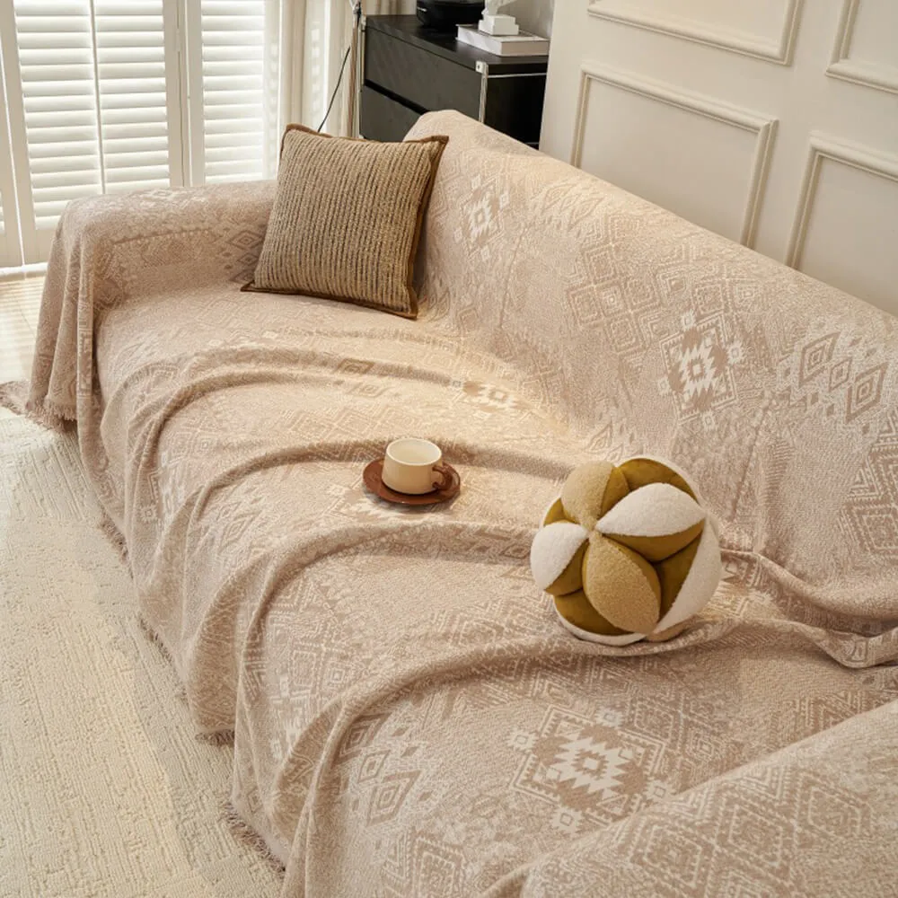 Moroccan Pattern Reversible Chenille Cat-Scratch Resistant Throw Couch Cover