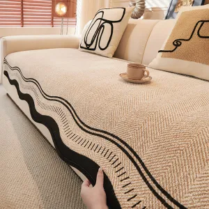 Non-Slip Herringbone Chenille Couch Cover with Wavy Edges