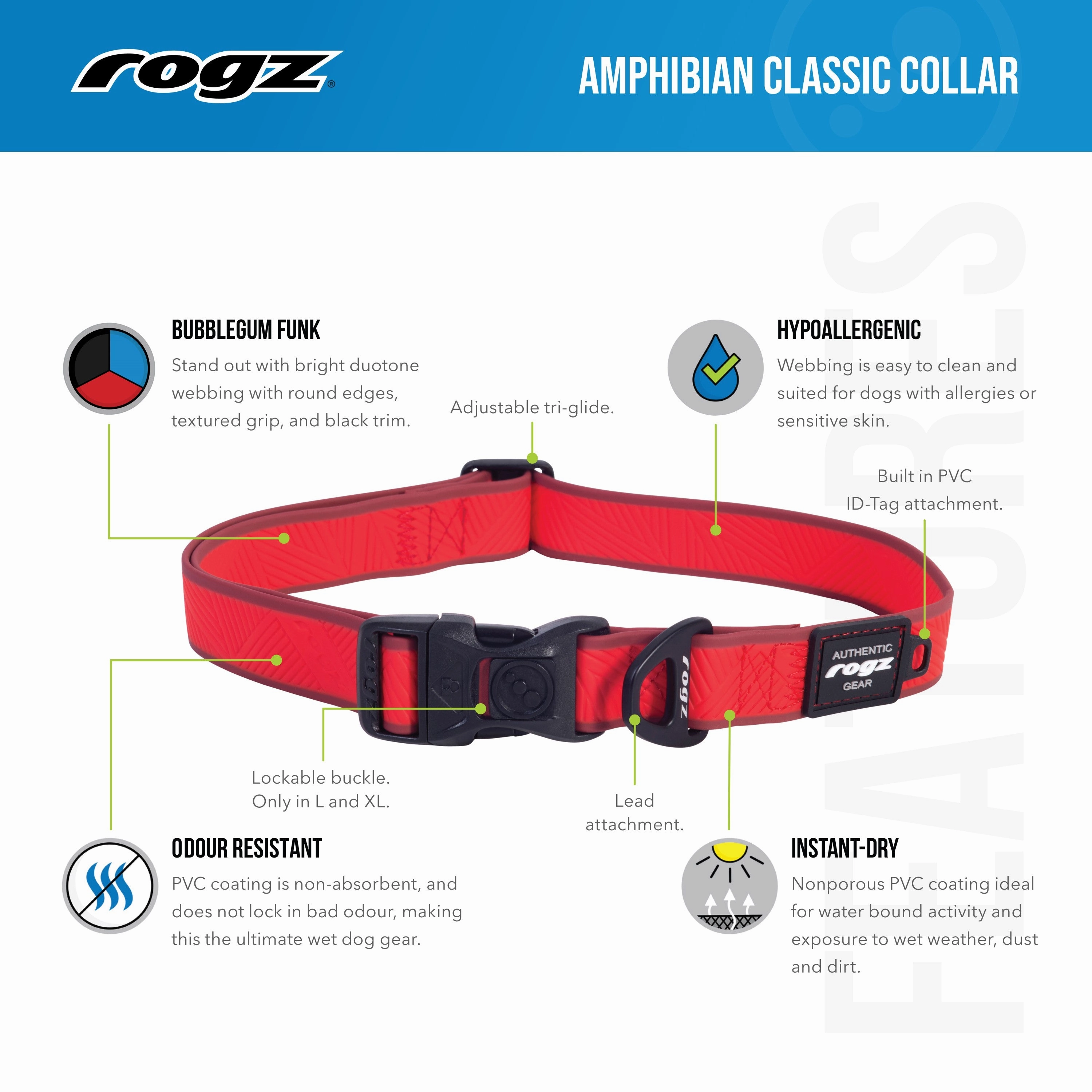 Rogz Classic Amphibian Black Dog Collar Medium