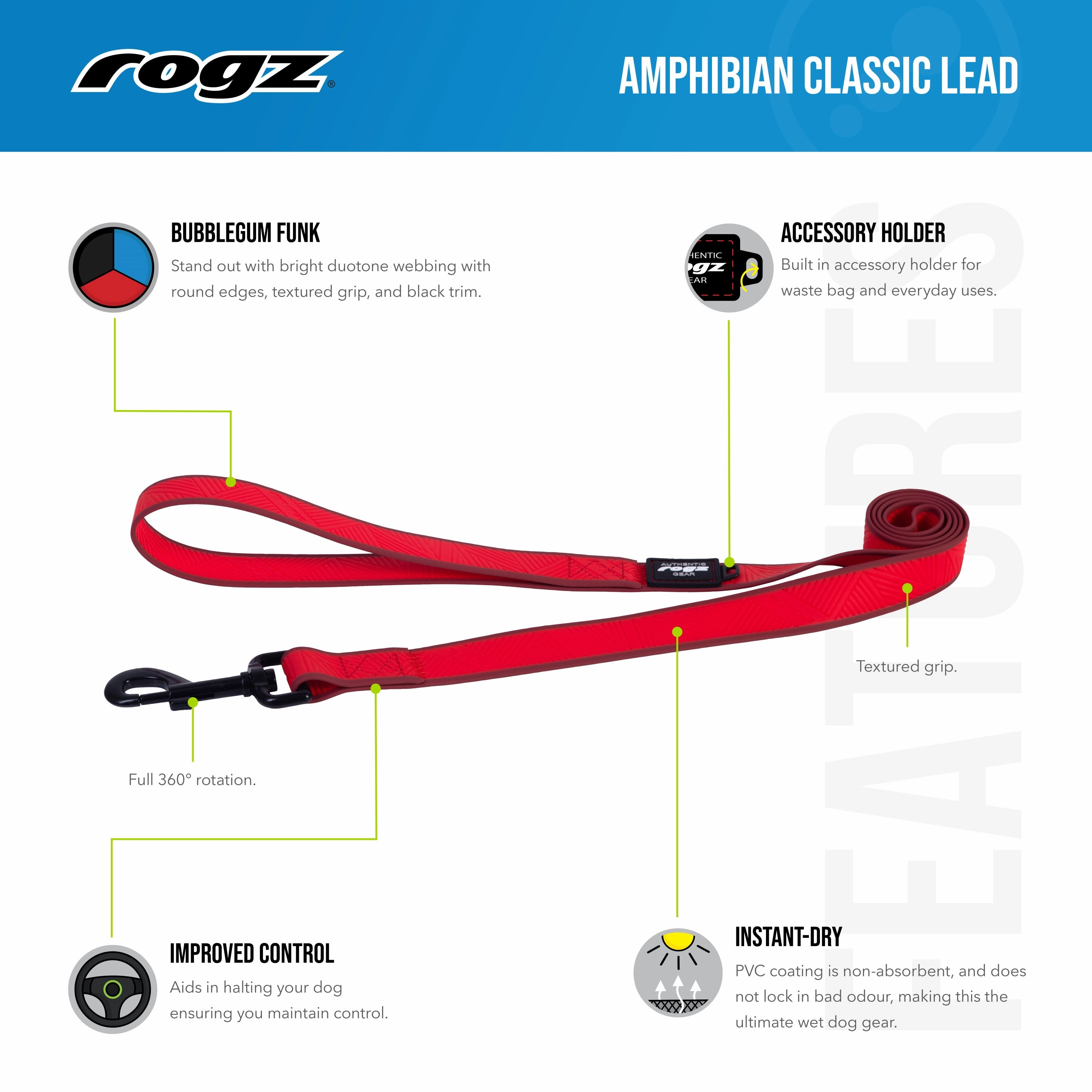 Rogz Classic Amphibian Black Dog Lead Extra Large
