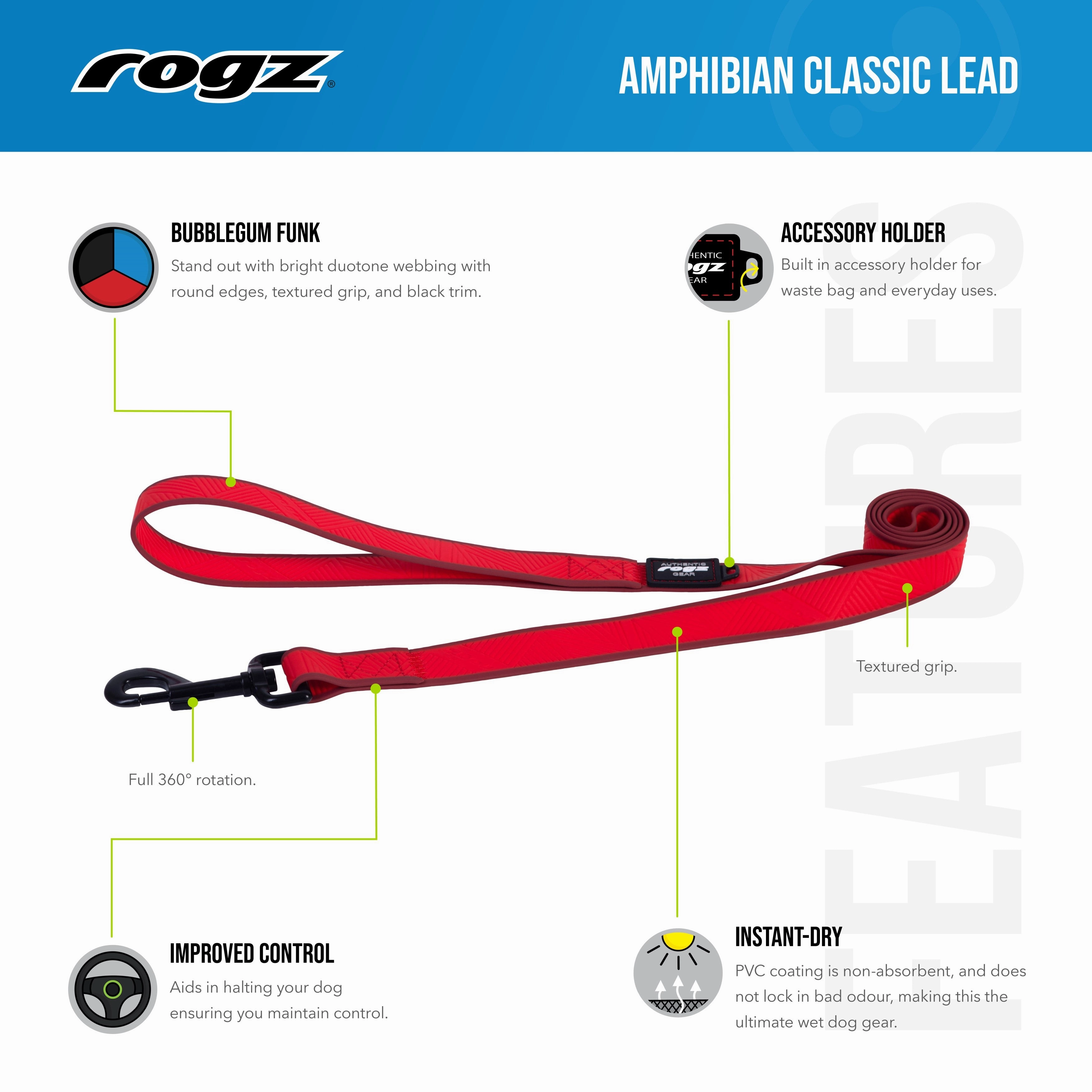 Rogz Classic Amphibian Purple Dog Lead Extra Large