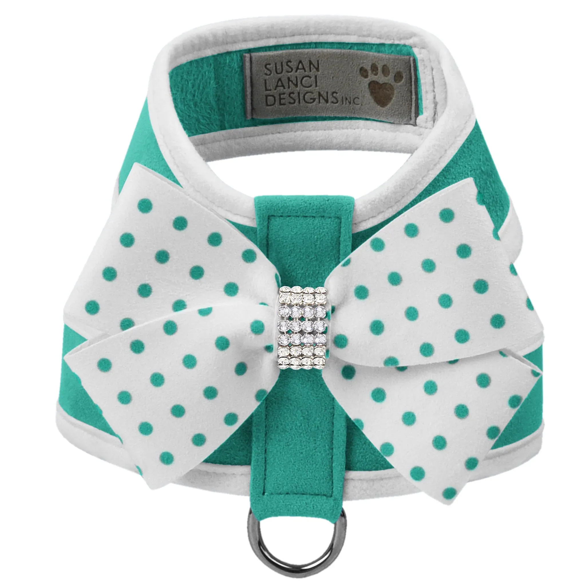 Susan Lanci Bimini Polka Dot Nouveau Bow with AB Giltmore Tinkie Harness with White Trim