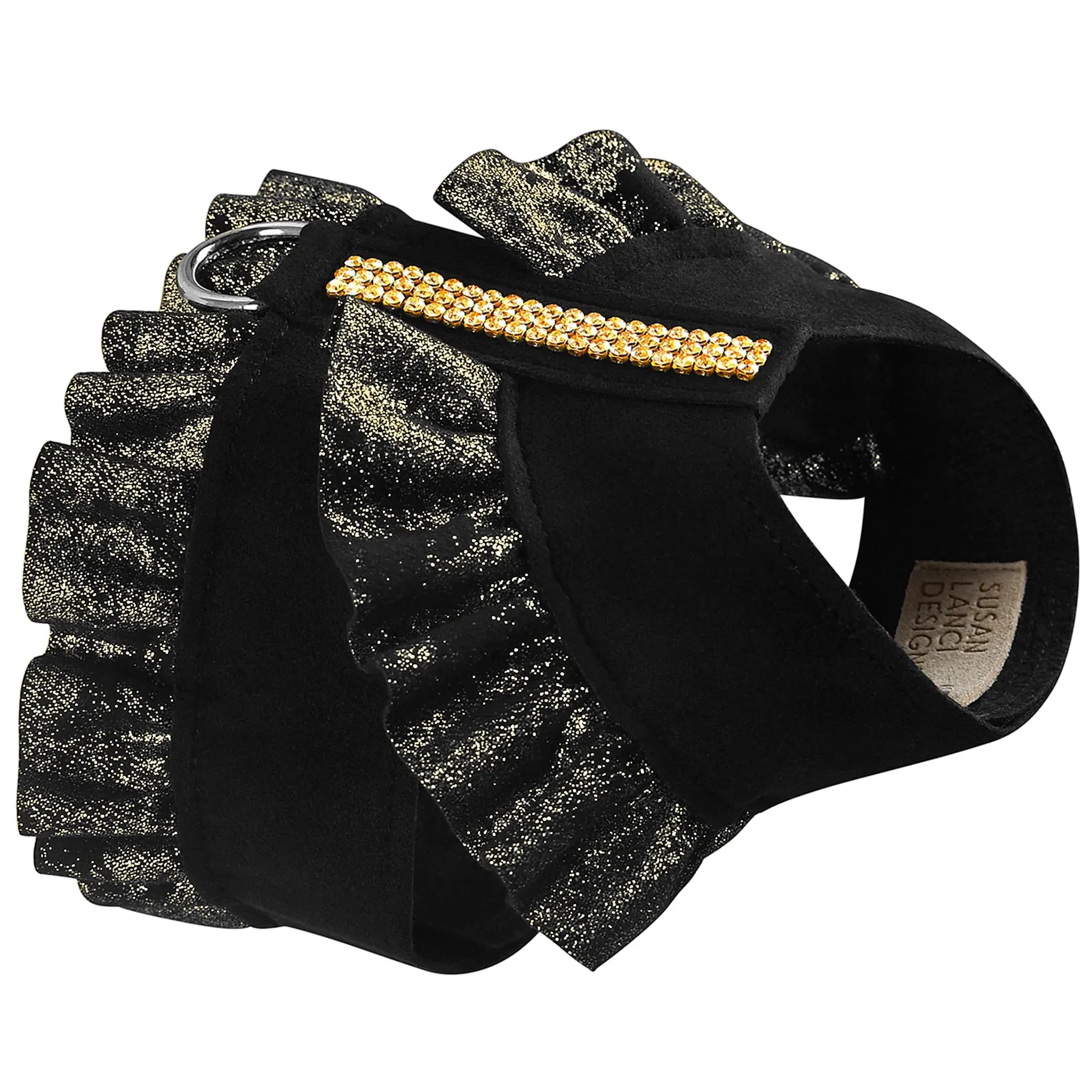 Susan Lanci Black Glitzerati Pinafore Ruffles with Gold Giltmore Tinkie Harness