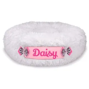 Susan Lanci Custom Bed in Cream Shag and Puppy Pink
