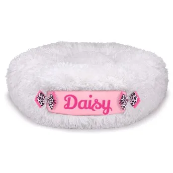 Susan Lanci Custom Bed in Cream Shag and Puppy Pink