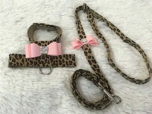 Susan Lanci Two Tone Big Bow Tinkie Harness in Cheetah and Puppy Pink Bow